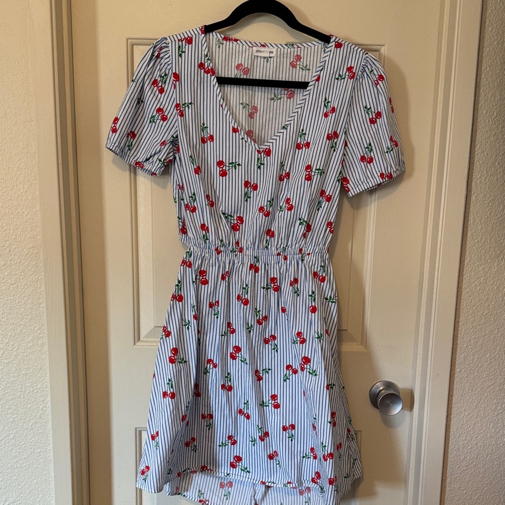 Cherry Print Mini Dress in White & Blue Stripes